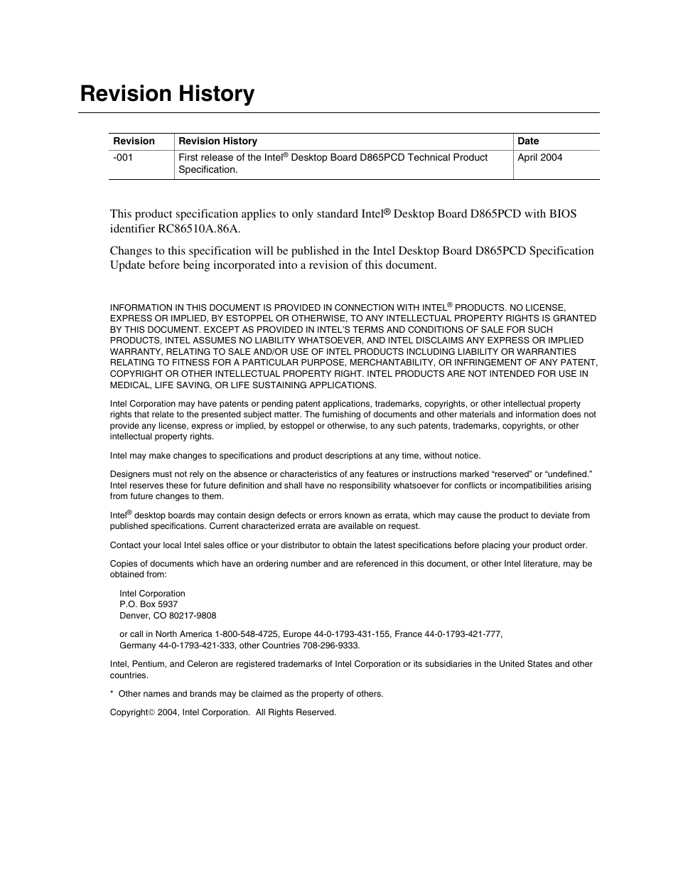 Revision history | Intel D865PCD User Manual | Page 2 / 110