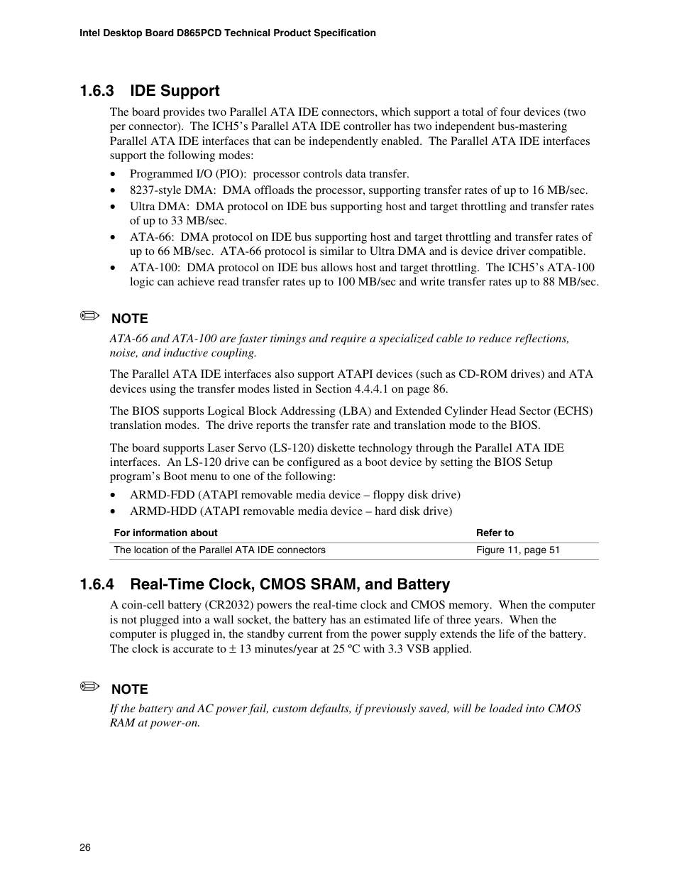 3 ide support, 4 real-time clock, cmos sram, and battery, Ide support | Real-time clock, cmos sram, and battery | Intel D865PCD User Manual | Page 26 / 110