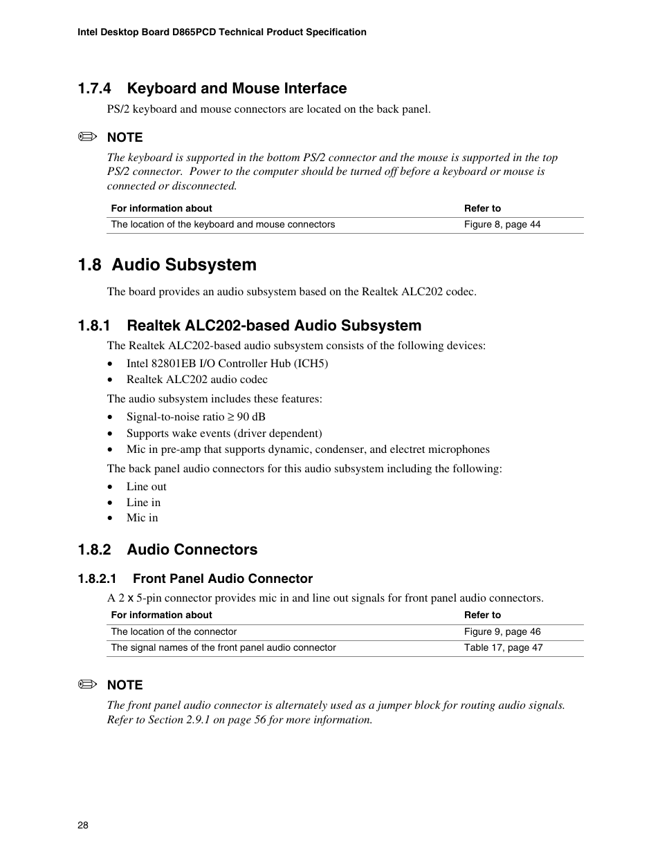 4 keyboard and mouse interface, 8 audio subsystem, 1 realtek alc202-based audio subsystem | 2 audio connectors, Keyboard and mouse interface, Audio subsystem, Realtek alc202-based audio subsystem, Audio connectors | Intel D865PCD User Manual | Page 28 / 110