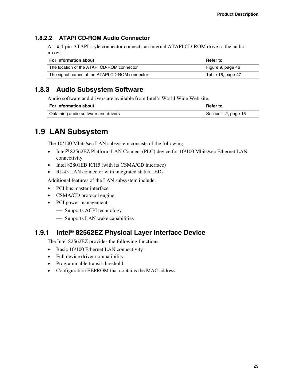 3 audio subsystem software, 9 lan subsystem, 1 intel® 82562ez physical layer interface device | Audio subsystem software, Lan subsystem, Intel, 82562ez physical layer interface device, 1 intel | Intel D865PCD User Manual | Page 29 / 110