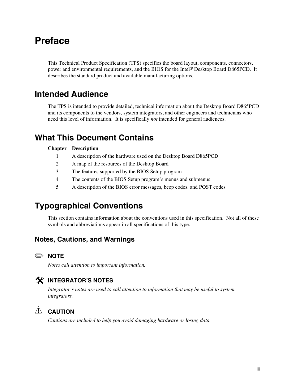 Preface, Intended audience, What this document contains | Typographical conventions | Intel D865PCD User Manual | Page 3 / 110