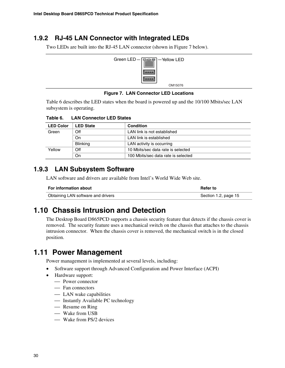 2 rj-45 lan connector with integrated leds, 3 lan subsystem software, 10 chassis intrusion and detection | 11 power management, Rj-45 lan connector with integrated leds, Lan subsystem software, Chassis intrusion and detection, Power management, Lan connector led locations, Lan connector led states | Intel D865PCD User Manual | Page 30 / 110