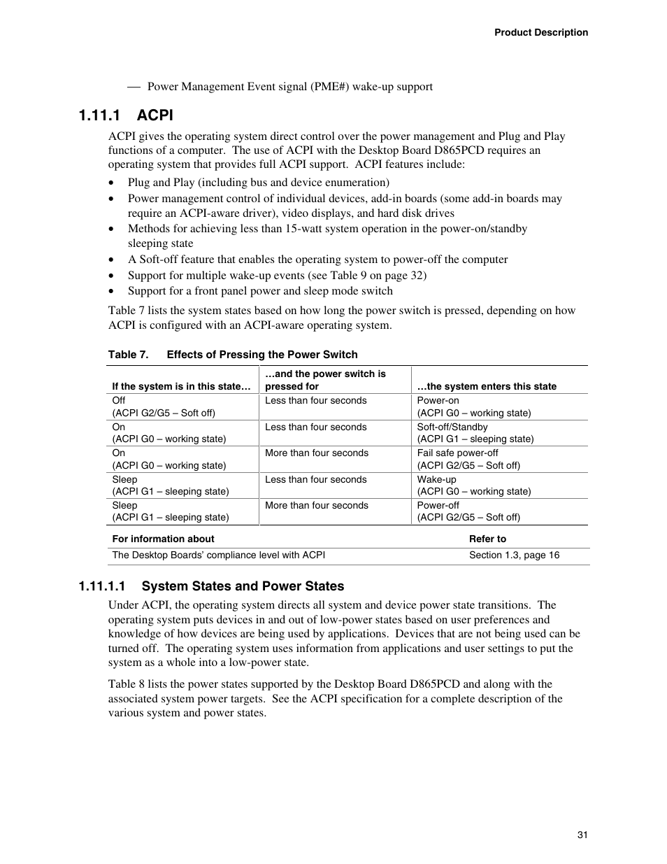 1 acpi, Acpi, Effects of pressing the power switch | Intel D865PCD User Manual | Page 31 / 110