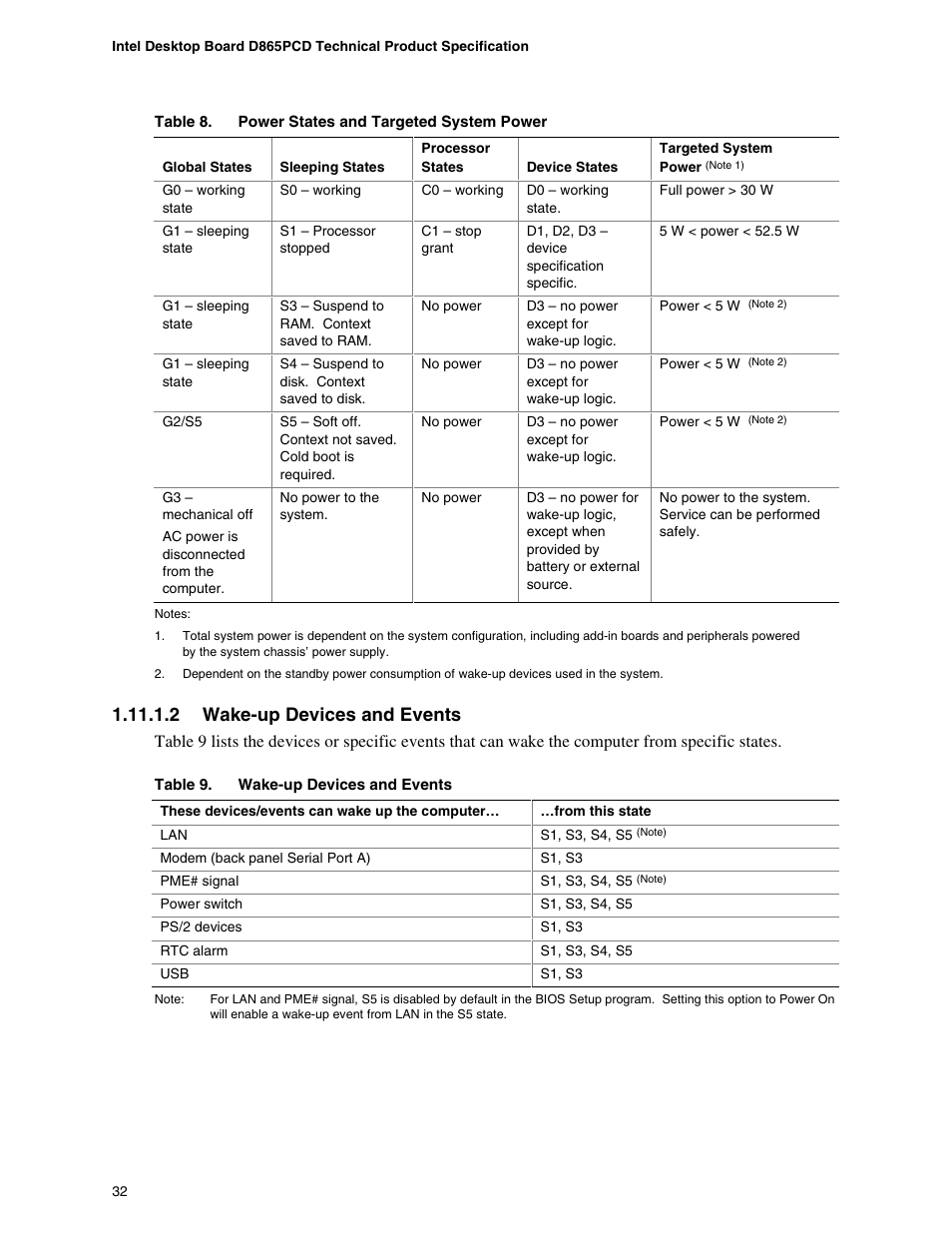 Power states and targeted system power, Wake-up devices and events, 2 wake-up devices and events | Intel D865PCD User Manual | Page 32 / 110