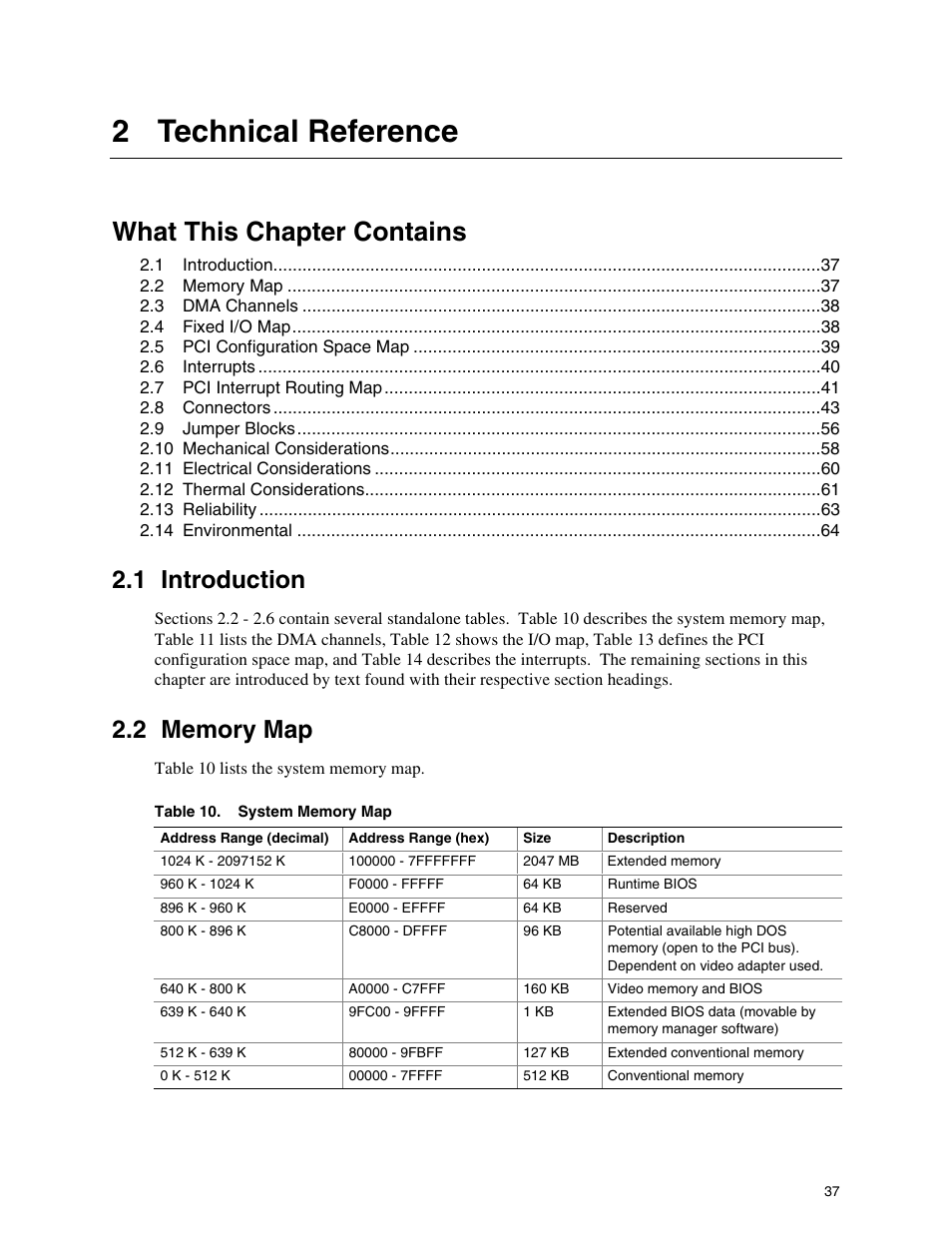 2 technical reference, 1 introduction, 2 memory map | Introduction, Memory map, System memory map, What this chapter contains | Intel D865PCD User Manual | Page 37 / 110