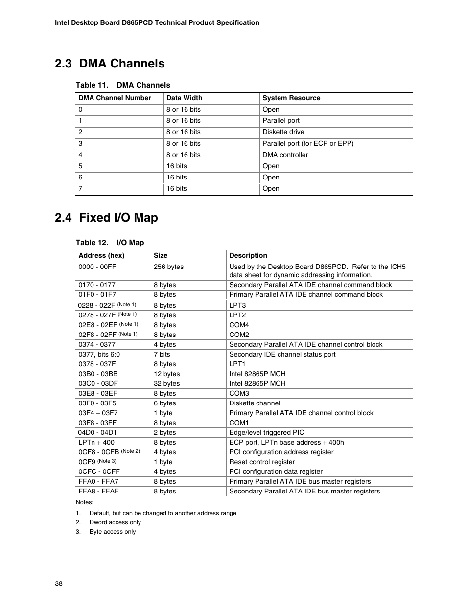 3 dma channels, 4 fixed i/o map, Dma channels | Fixed i/o map, I/o map | Intel D865PCD User Manual | Page 38 / 110