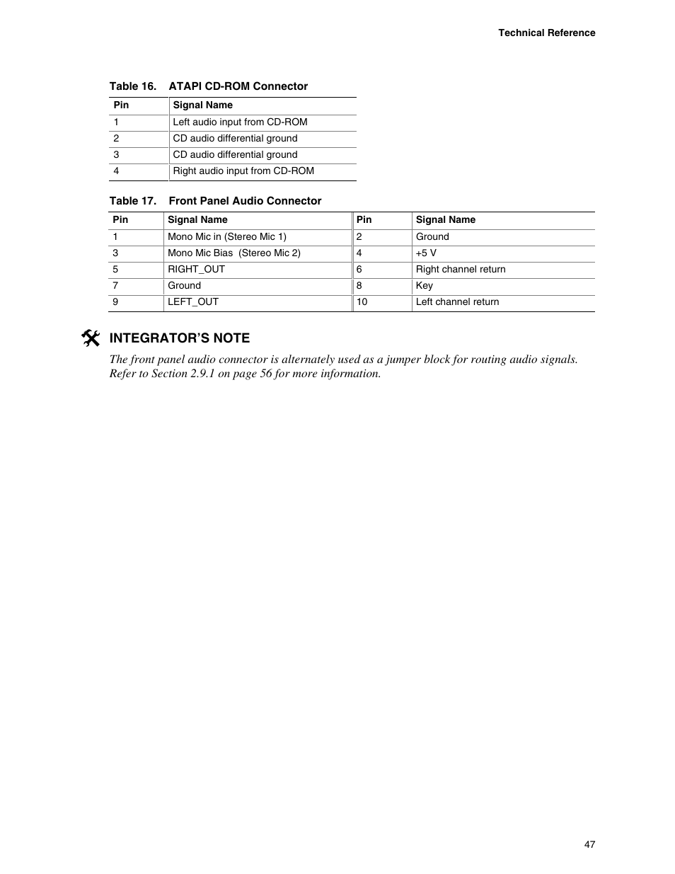Atapi cd-rom connector, Front panel audio connector | Intel D865PCD User Manual | Page 47 / 110
