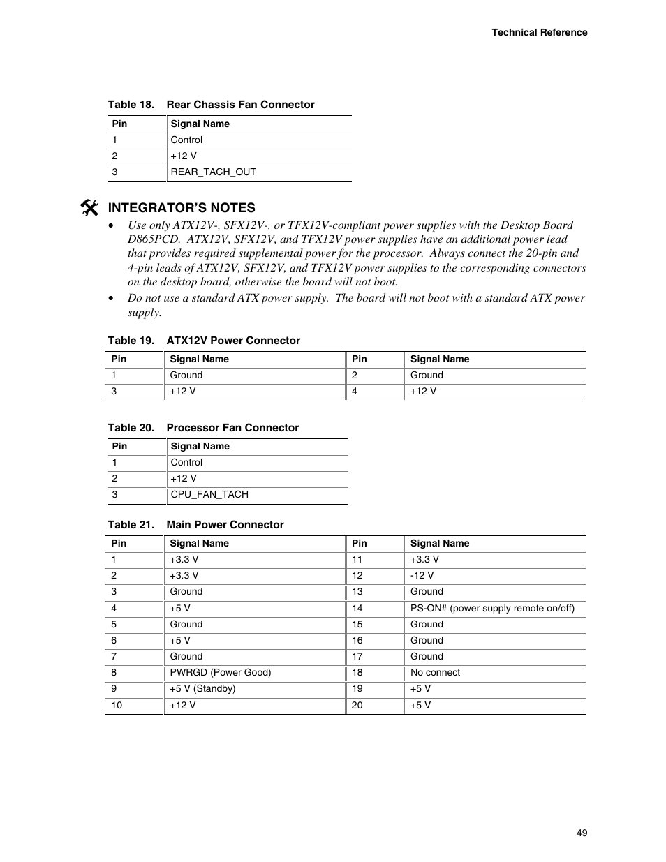 Rear chassis fan connector, Atx12v power connector, Processor fan connector | Main power connector, Table 18, Table 19, Table 20, Table 21 | Intel D865PCD User Manual | Page 49 / 110