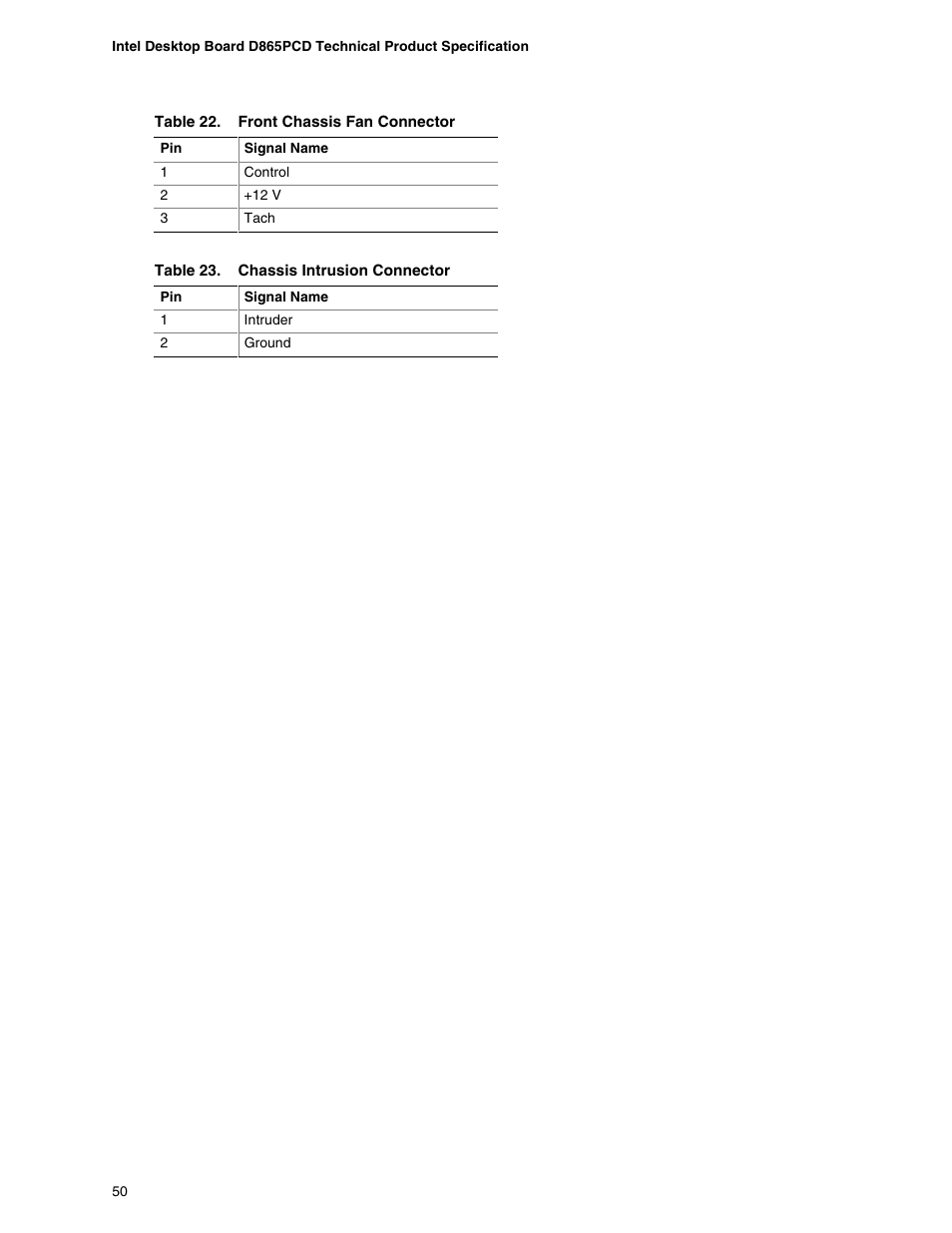 Front chassis fan connector, Chassis intrusion connector, Table 22 | Table 23 | Intel D865PCD User Manual | Page 50 / 110