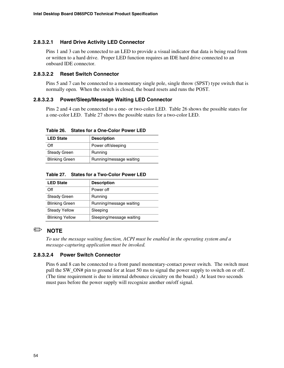 States for a one-color power led, States for a two-color power led | Intel D865PCD User Manual | Page 54 / 110