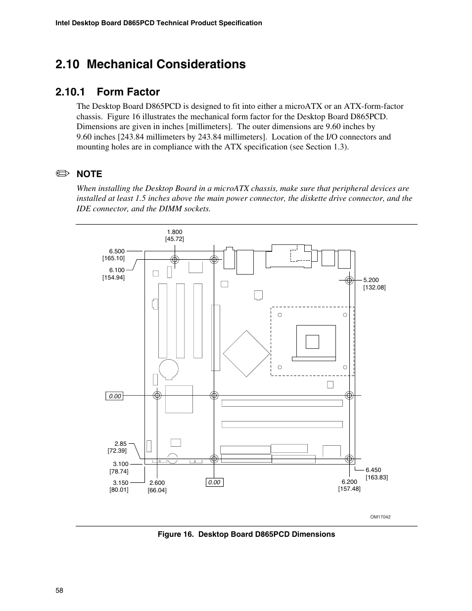 10 mechanical considerations, 1 form factor, Mechanical considerations | Form factor, Desktop board d865pcd dimensions | Intel D865PCD User Manual | Page 58 / 110