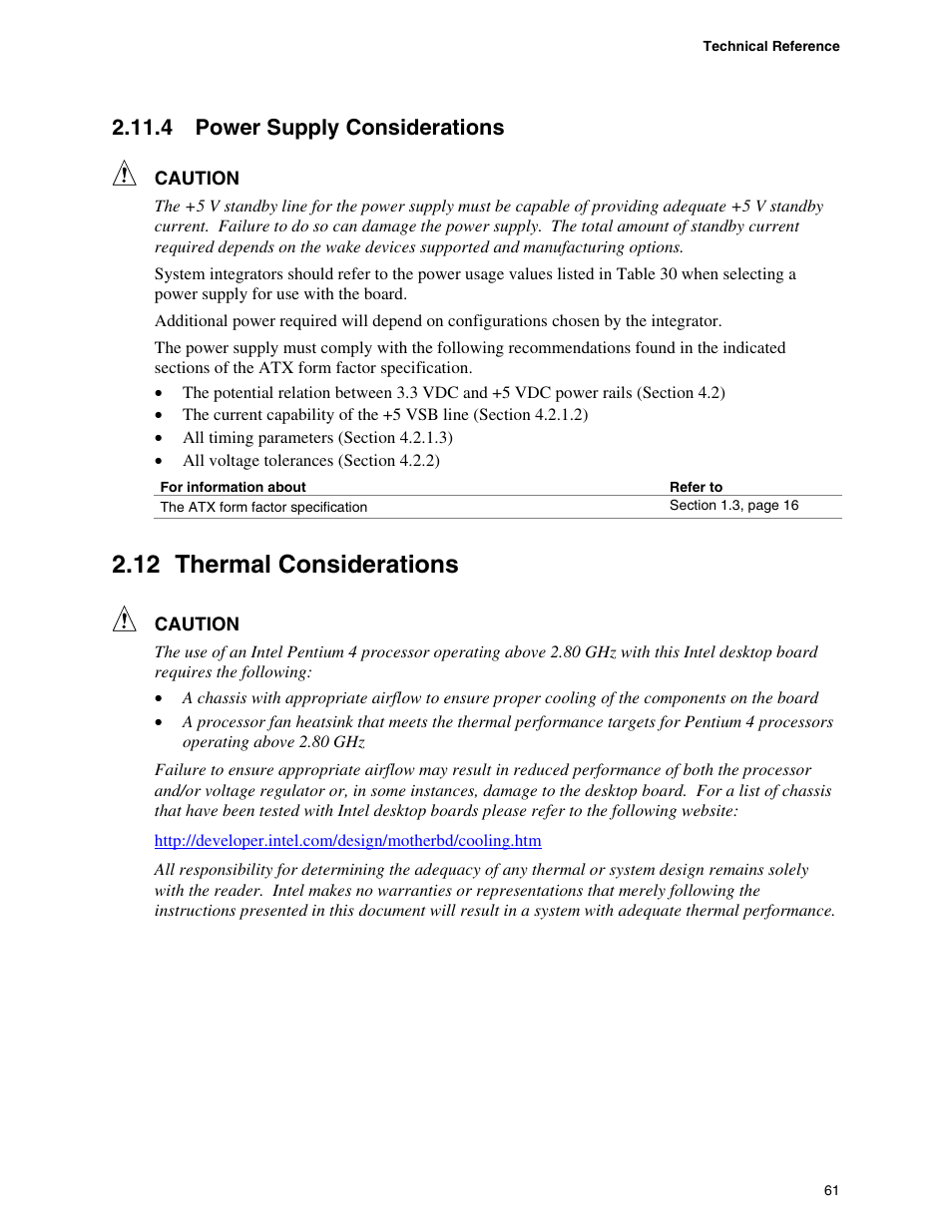 4 power supply considerations, 12 thermal considerations, Power supply considerations | Thermal considerations | Intel D865PCD User Manual | Page 61 / 110