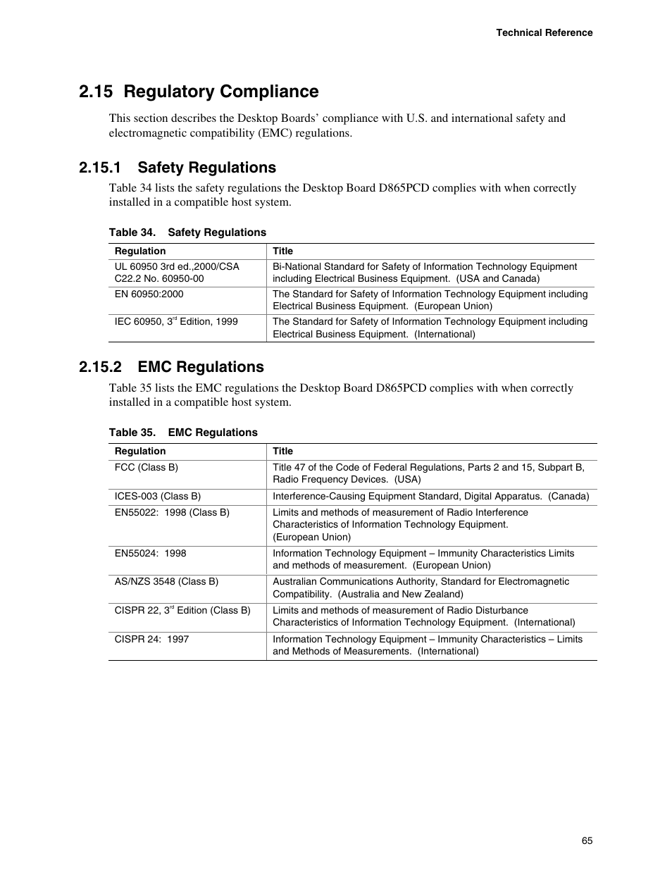 15 regulatory compliance, 1 safety regulations, 2 emc regulations | Regulatory compliance, Safety regulations, Emc regulations | Intel D865PCD User Manual | Page 65 / 110