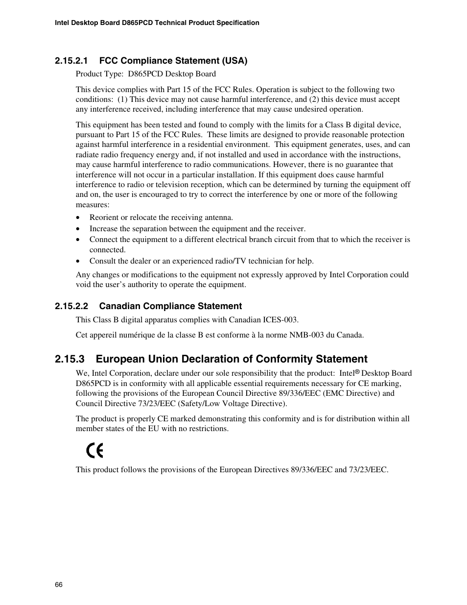 European union declaration of conformity statement | Intel D865PCD User Manual | Page 66 / 110