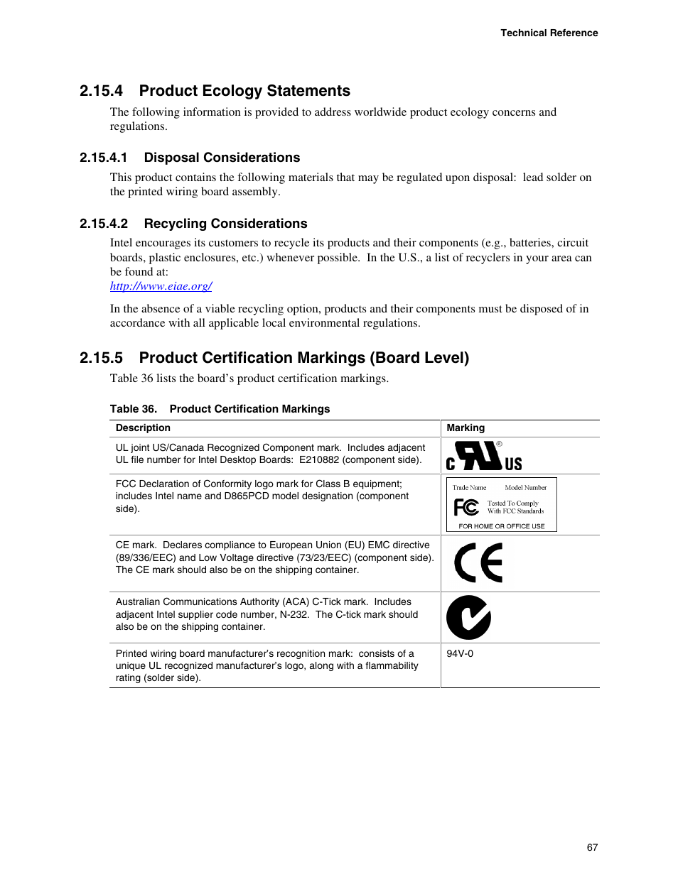 4 product ecology statements, 5 product certification markings (board level), Product ecology statements | Product certification markings (board level), Product certification markings | Intel D865PCD User Manual | Page 67 / 110
