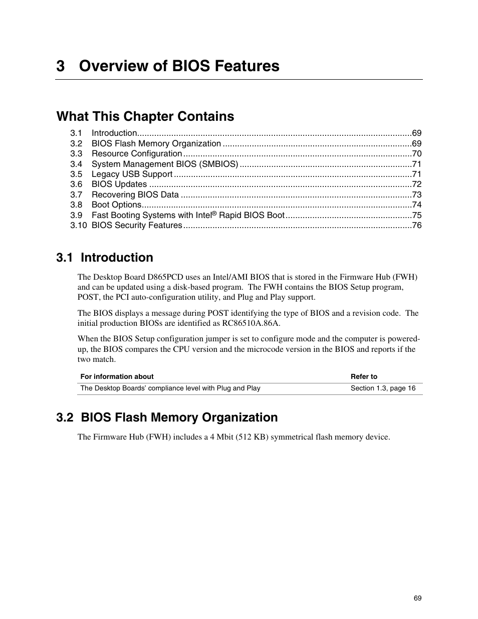 3 overview of bios features, 1 introduction, 2 bios flash memory organization | Introduction, Bios flash memory organization, What this chapter contains | Intel D865PCD User Manual | Page 69 / 110