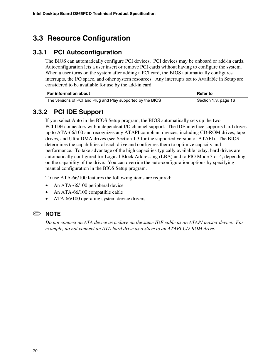 3 resource configuration, 1 pci autoconfiguration, 2 pci ide support | Resource configuration, Pci autoconfiguration, Pci ide support | Intel D865PCD User Manual | Page 70 / 110