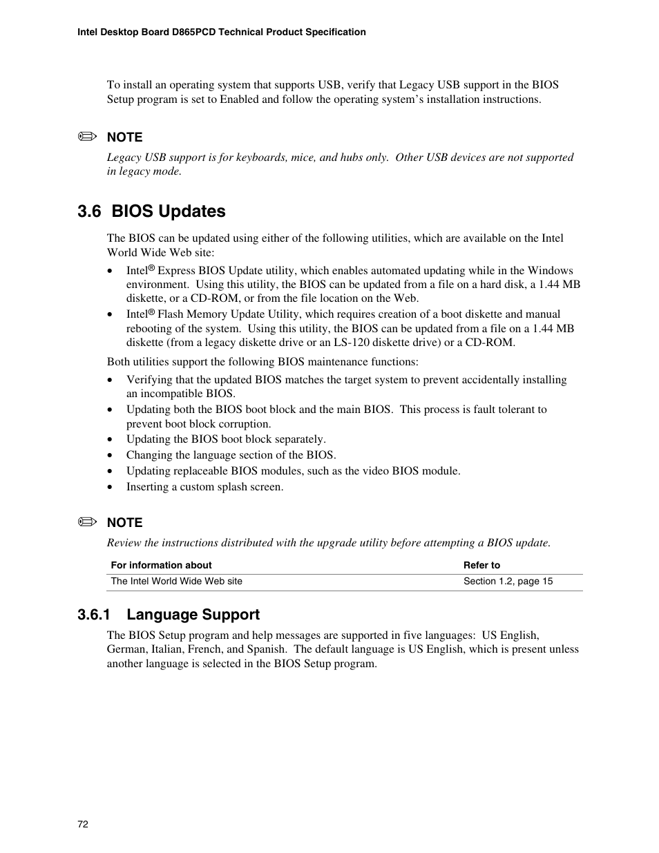 6 bios updates, 1 language support, Bios updates | Language support | Intel D865PCD User Manual | Page 72 / 110