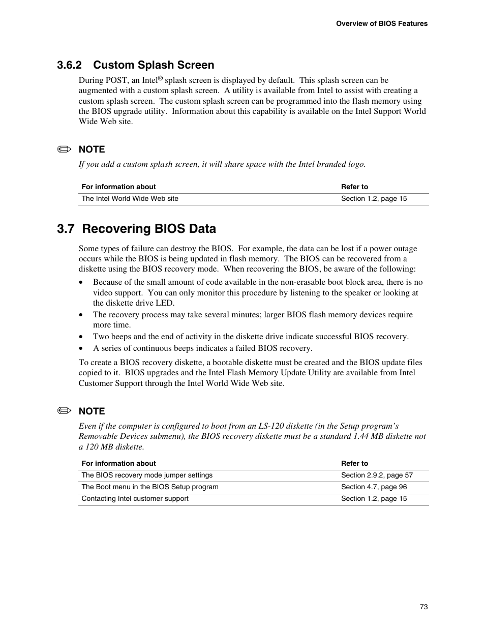 2 custom splash screen, 7 recovering bios data, Custom splash screen | Recovering bios data | Intel D865PCD User Manual | Page 73 / 110