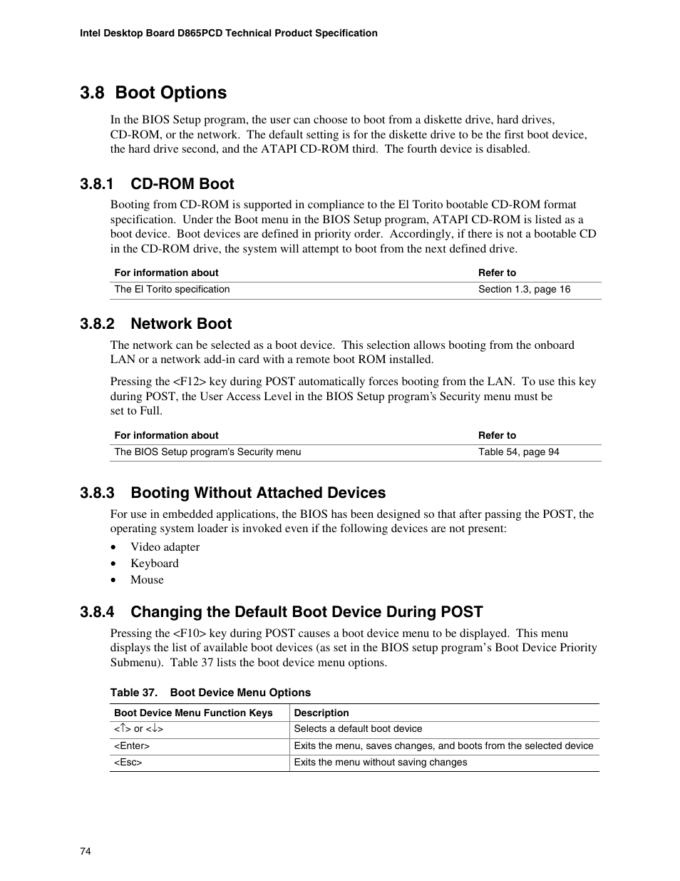 8 boot options, 1 cd-rom boot, 2 network boot | 3 booting without attached devices, 4 changing the default boot device during post, Boot options, Cd-rom boot, Network boot, Booting without attached devices, Changing the default boot device during post | Intel D865PCD User Manual | Page 74 / 110
