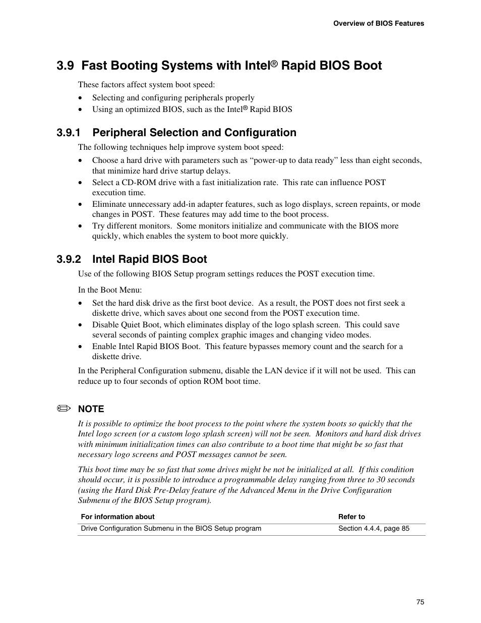 9 fast booting systems with intel® rapid bios boot, 1 peripheral selection and configuration, 2 intel rapid bios boot | Fast booting systems with intel, Rapid bios boot, Peripheral selection and configuration, Intel rapid bios boot, 9 fast booting systems with intel | Intel D865PCD User Manual | Page 75 / 110