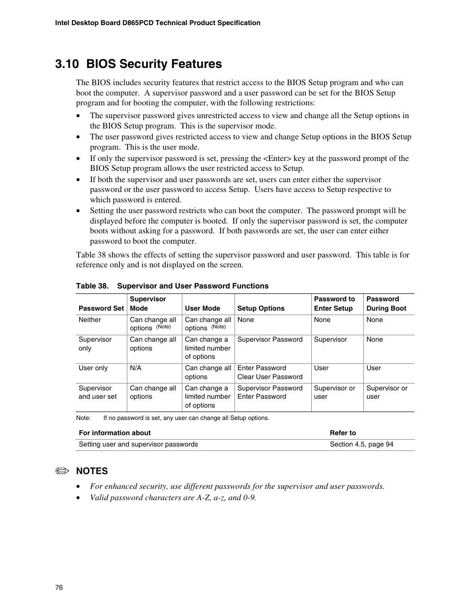 10 bios security features, Bios security features, Supervisor and user password functions | Intel D865PCD User Manual | Page 76 / 110