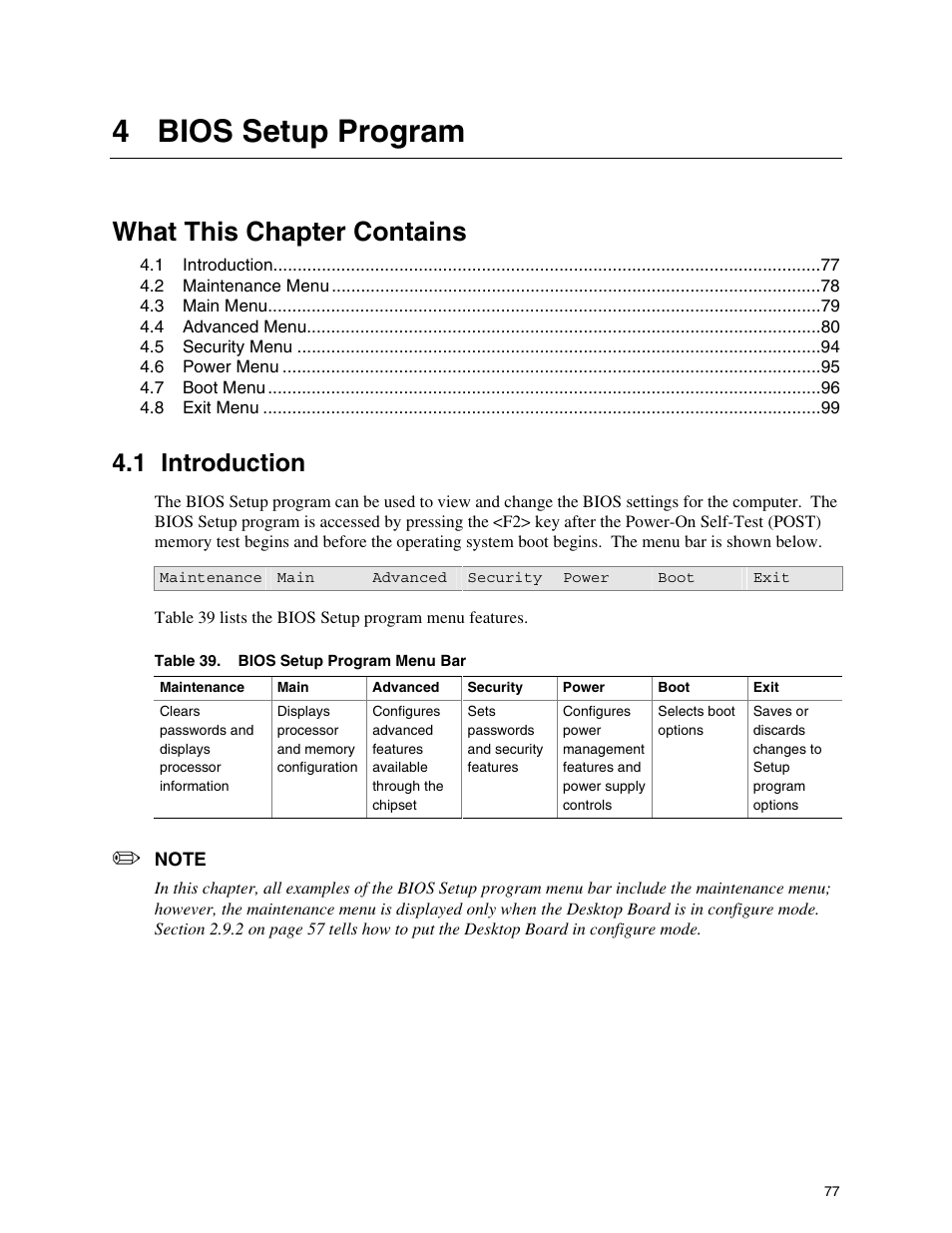 4 bios setup program, 1 introduction, Introduction | Bios setup program menu bar, What this chapter contains | Intel D865PCD User Manual | Page 77 / 110