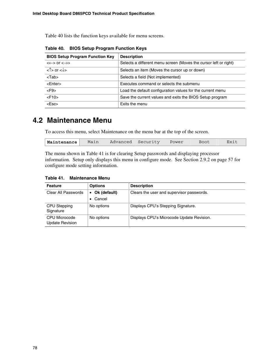 2 maintenance menu, Maintenance menu, Bios setup program function keys | Intel D865PCD User Manual | Page 78 / 110