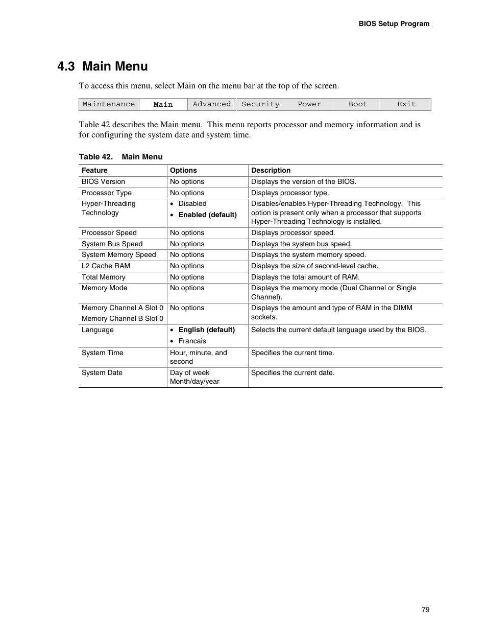 3 main menu, Main menu | Intel D865PCD User Manual | Page 79 / 110