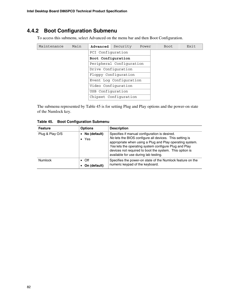 2 boot configuration submenu, Boot configuration submenu | Intel D865PCD User Manual | Page 82 / 110