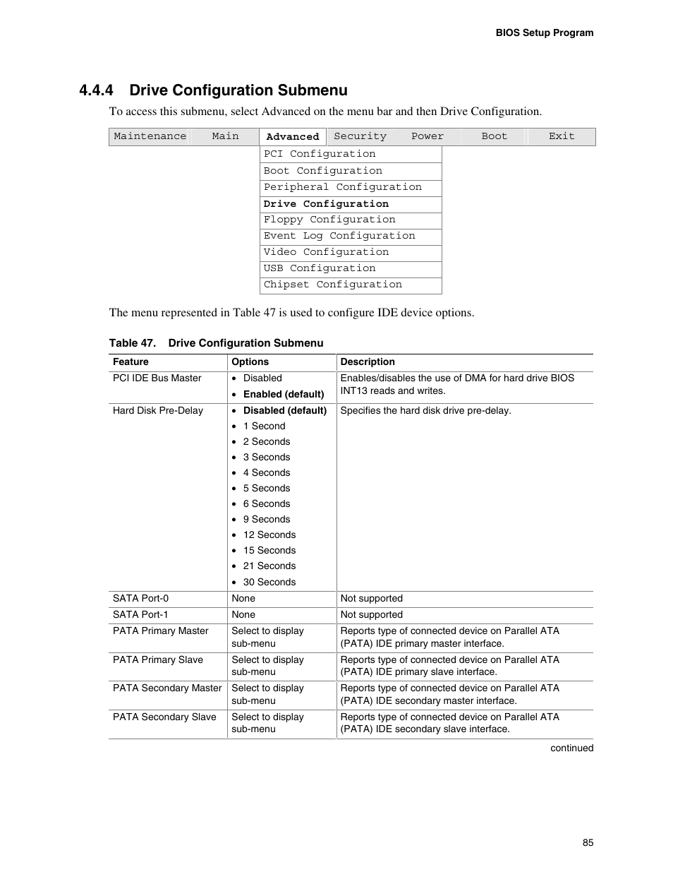 4 drive configuration submenu, Drive configuration submenu | Intel D865PCD User Manual | Page 85 / 110