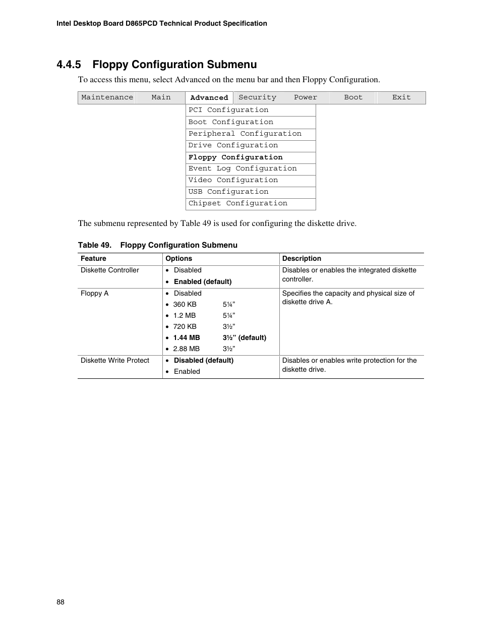 5 floppy configuration submenu, Floppy configuration submenu | Intel D865PCD User Manual | Page 88 / 110