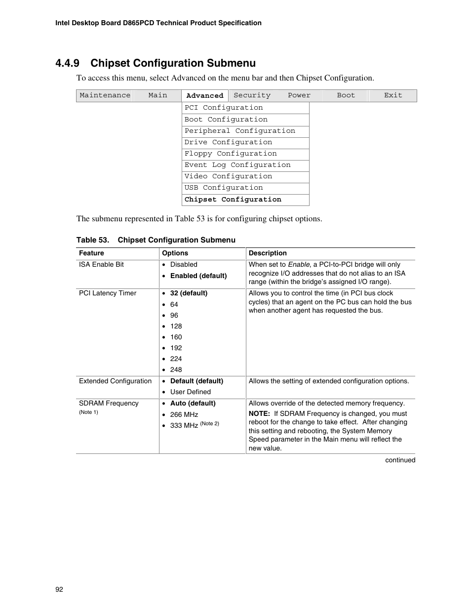 9 chipset configuration submenu, Chipset configuration submenu | Intel D865PCD User Manual | Page 92 / 110