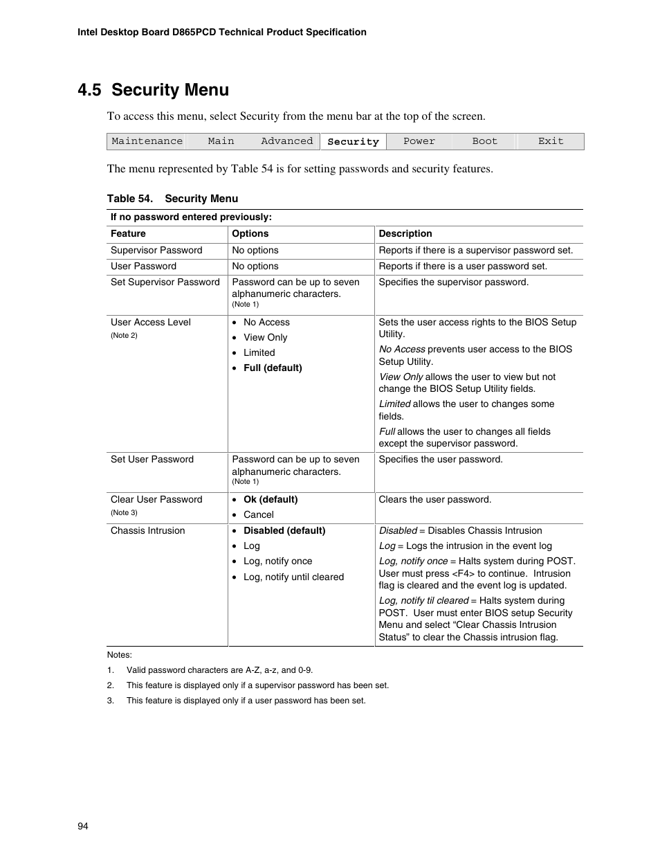 5 security menu, Security menu | Intel D865PCD User Manual | Page 94 / 110