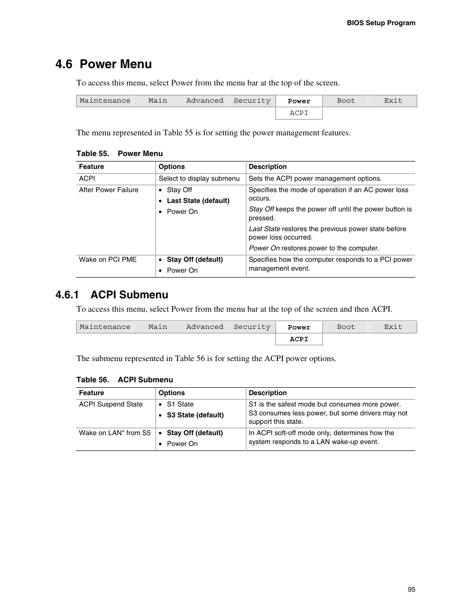 6 power menu, 1 acpi submenu, Power menu | Acpi submenu | Intel D865PCD User Manual | Page 95 / 110