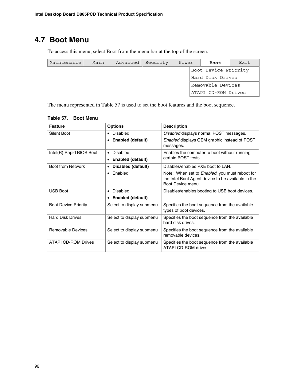 7 boot menu, Boot menu | Intel D865PCD User Manual | Page 96 / 110