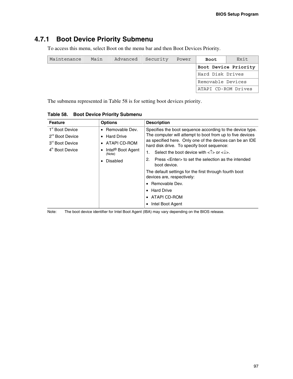 1 boot device priority submenu, Boot device priority submenu | Intel D865PCD User Manual | Page 97 / 110