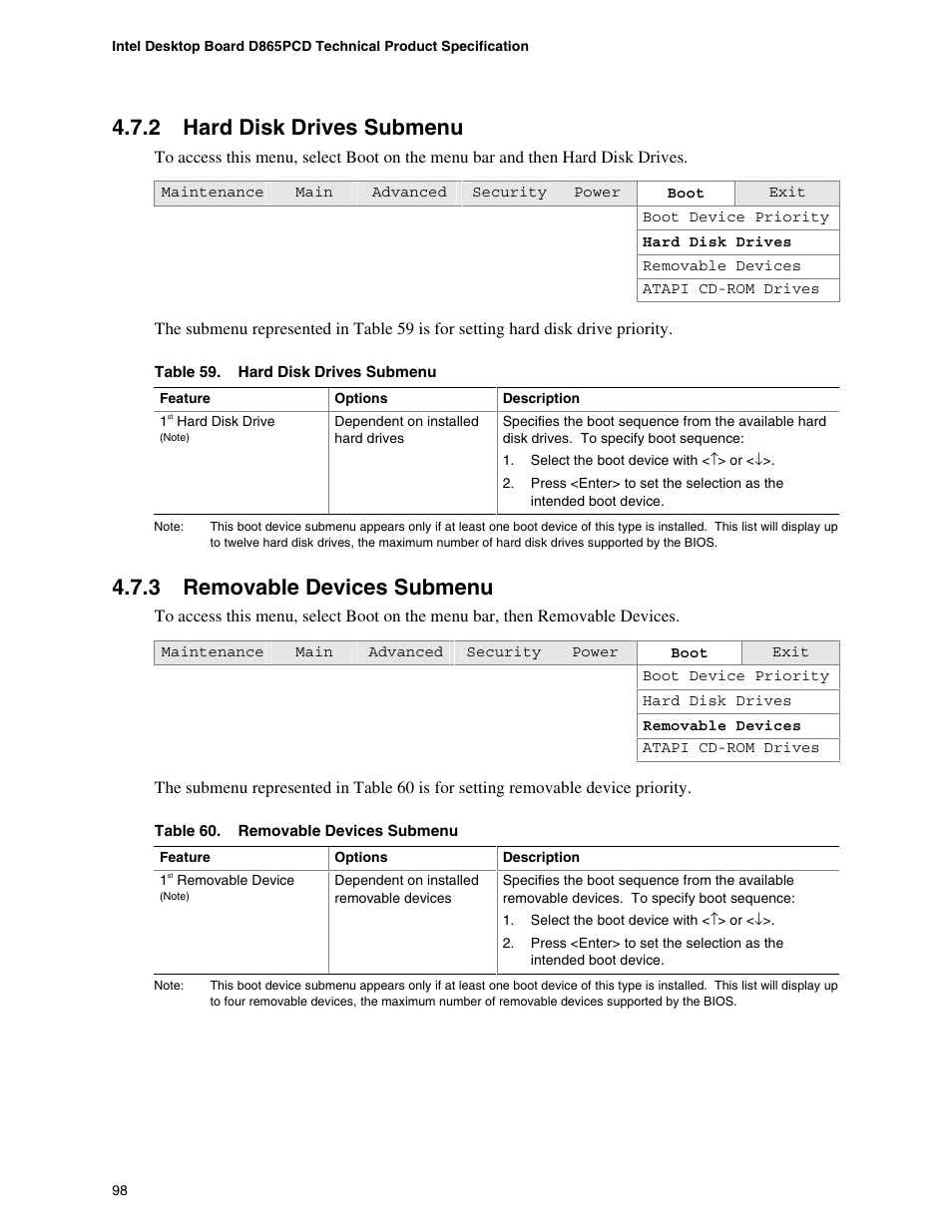 2 hard disk drives submenu, 3 removable devices submenu, Hard disk drives submenu | Removable devices submenu | Intel D865PCD User Manual | Page 98 / 110