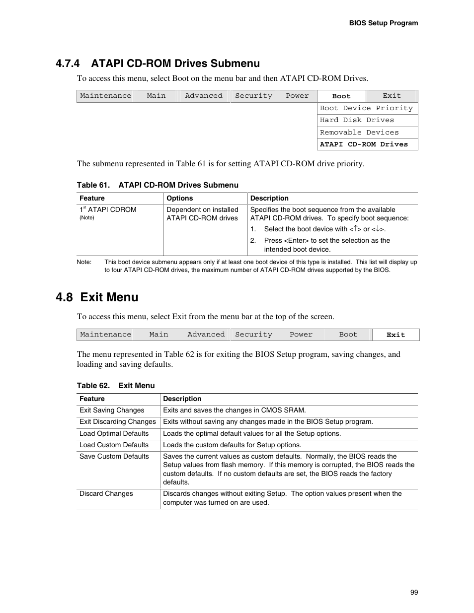 4 atapi cd-rom drives submenu, 8 exit menu, Atapi cd-rom drives submenu | Exit menu | Intel D865PCD User Manual | Page 99 / 110