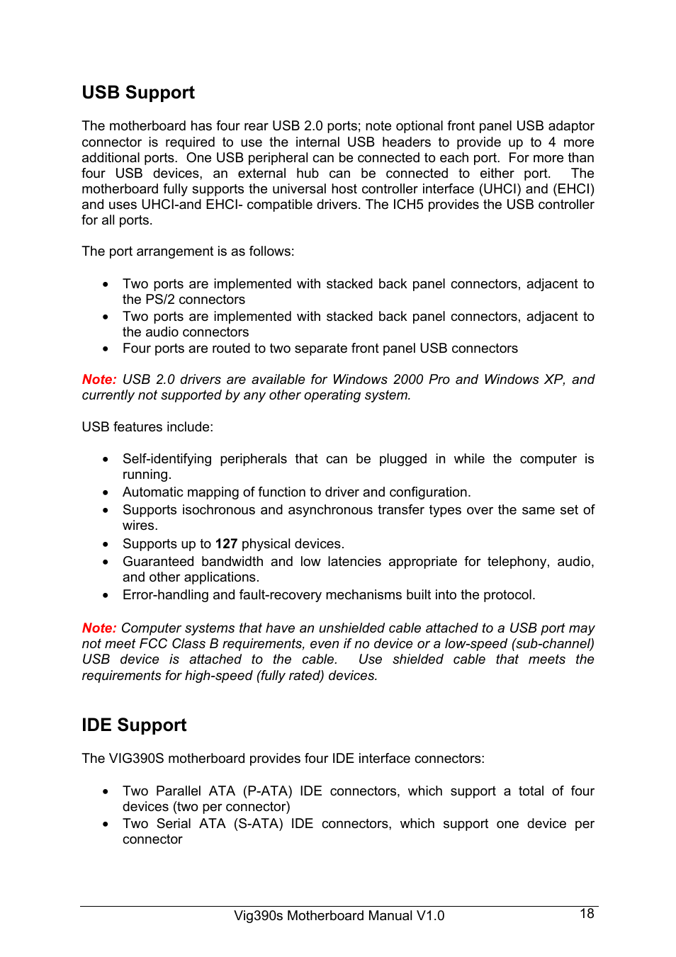 Usb support, Ide support | Intel Vig390s User Manual | Page 19 / 123