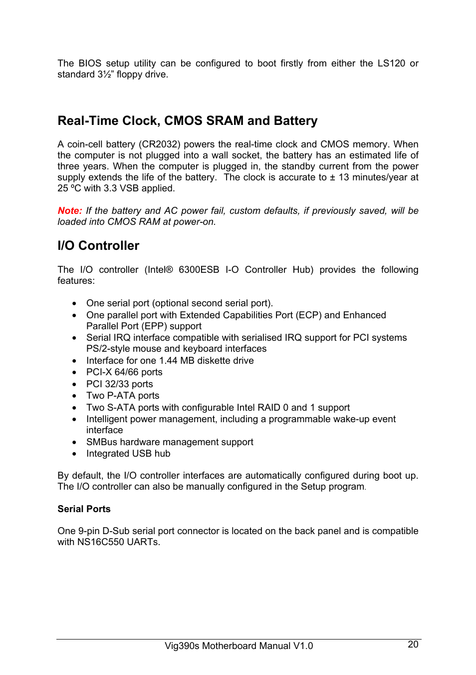 Real-time clock, cmos sram and battery, I/o controller | Intel Vig390s User Manual | Page 21 / 123