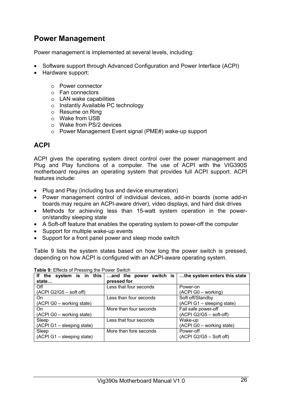 Power management, Acpi | Intel Vig390s User Manual | Page 27 / 123