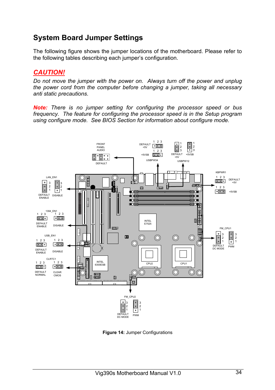 System board jumper settings, Caution, Figure 14: jumper configurations | Intel Vig390s User Manual | Page 35 / 123