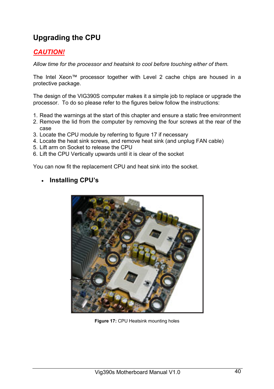 Upgrading the cpu, Caution, Installing cpu’s | Intel Vig390s User Manual | Page 41 / 123