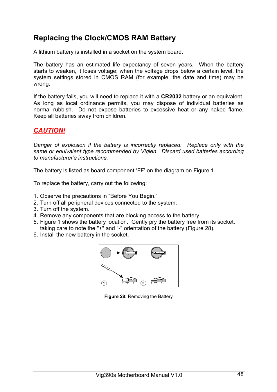 Replacing the clock/cmos ram battery, Caution | Intel Vig390s User Manual | Page 49 / 123