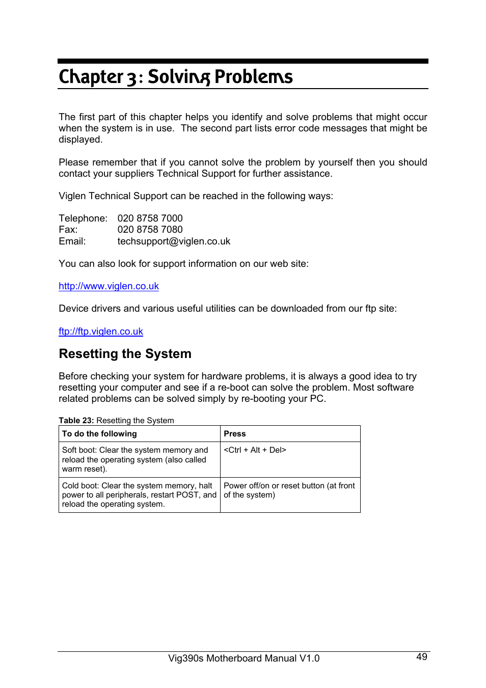 Chapter 3: solving problems, Resetting the system | Intel Vig390s User Manual | Page 50 / 123
