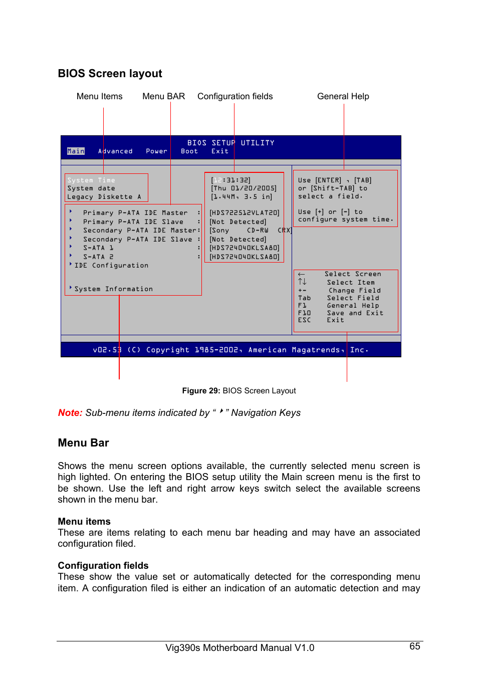 Bios screen layout, Menu bar, Navigation keys | Intel Vig390s User Manual | Page 66 / 123