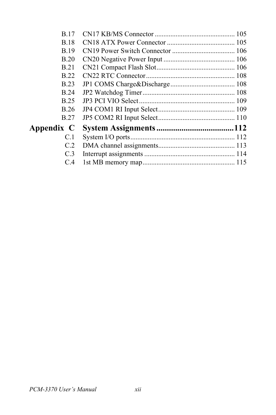 Appendix c system assignments | Intel PCM-3370 User Manual | Page 12 / 128