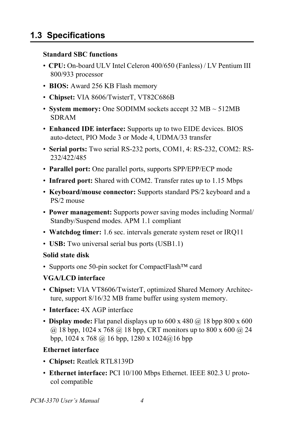 3 specifications, Specifications | Intel PCM-3370 User Manual | Page 16 / 128