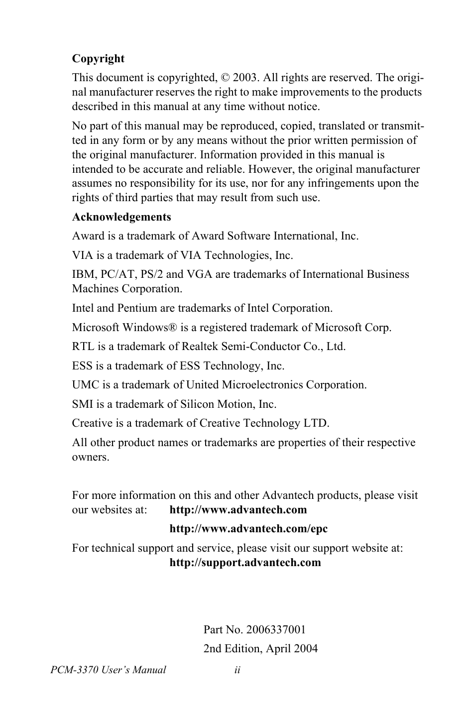 Intel PCM-3370 User Manual | Page 2 / 128